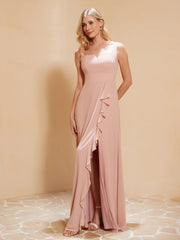 Robe de Demoiselle d'Honneur Sans Manches avec Volants Rose Poudré