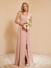 Robe de Demoiselle d'Honneur Sans Manches avec Volants Rose Poudré