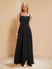 Robe de Demoiselle d'Honneur Sans Manches avec Volants Noir