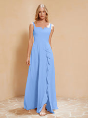 Robe de Demoiselle d'Honneur Sans Manches avec Volants Bleu