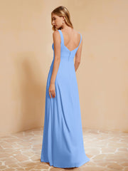 Robe de Demoiselle d'Honneur Sans Manches avec Volants Bleu