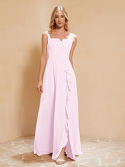 Robe de Demoiselle d'Honneur Sans Manches avec Volants Rose Pâle