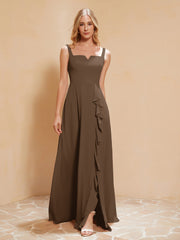 Robe de Demoiselle d'Honneur Sans Manches avec Volants Brun Grande Taille