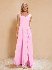 Robe de Demoiselle d'Honneur Sans Manches avec Volants Rose Bonbon