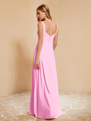 Robe de Demoiselle d'Honneur Sans Manches avec Volants Rose Bonbon