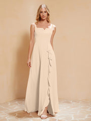 Robe de Demoiselle d'Honneur Sans Manches avec Volants Champagne