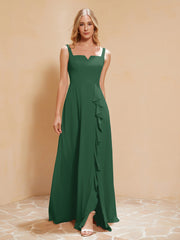 Robe de Demoiselle d'Honneur Sans Manches avec Volants Vert Foncé