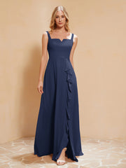 Robe de Demoiselle d'Honneur Sans Manches avec Volants Bleu Marine Grande Taille