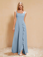 Robe de Demoiselle d'Honneur Sans Manches avec Volants Bleu Poudré