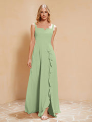 Robe de Demoiselle d'Honneur Sans Manches avec Volants Sauge Poudrée