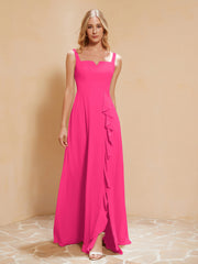 Robe de Demoiselle d'Honneur Sans Manches avec Volants Fuchsia Grande Taille