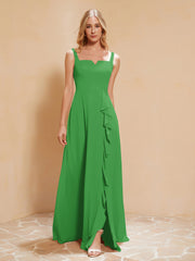 Robe de Demoiselle d'Honneur Sans Manches avec Volants Vert
