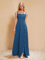 Robe de Demoiselle d'Honneur Sans Manches avec Volants Bleu Encre