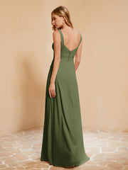 Robe de Demoiselle d'Honneur Sans Manches avec Volants Olive Verte