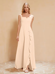 Robe de Demoiselle d'Honneur Sans Manches avec Volants Pêche