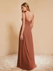 Robe de Demoiselle d'Honneur Sans Manches avec Volants Rouille