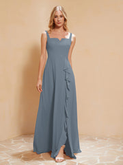 Robe de Demoiselle d'Honneur Sans Manches avec Volants Bleu de Schiste