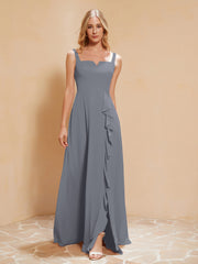 Robe de Demoiselle d'Honneur Sans Manches avec Volants Gris Acier