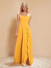 Robe de Demoiselle d'Honneur Sans Manches avec Volants Mandarine