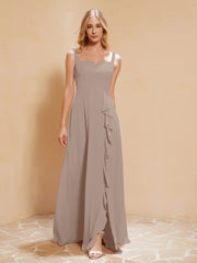 Robe de Demoiselle d'Honneur Sans Manches avec Volants Taupe