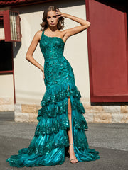 Robe Trompette à Une Épaule en Dentelle et Paillettes Vert Foncé