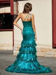 Robe Trompette à Une Épaule en Dentelle et Paillettes Vert Foncé