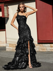 Robe Trompette à Une Épaule en Dentelle et Paillettes Noir Grande Taille