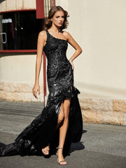Robe Trompette à Une Épaule en Dentelle et Paillettes Noir Grande Taille