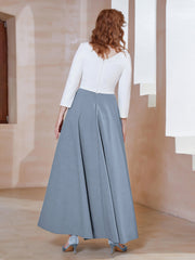 Robe de A-ligne à Col en Dentelle Longueur de Mollet Bleu Poudré