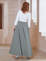 Robe de A-ligne à Col en Dentelle Longueur de Mollet Gris Acier
