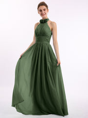 Licou Mousseline Longueur Complète Robe Avec Fleurs Olive Verte
