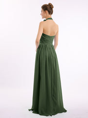 Licou Mousseline Longueur Complète Robe Avec Fleurs Olive Verte