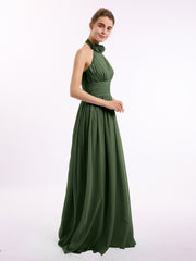 Licou Mousseline Longueur Complète Robe Avec Fleurs Olive Verte Grande Taille