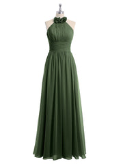 Licou Mousseline Longueur Complète Robe Avec Fleurs Olive Verte