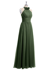 Licou Mousseline Longueur Complète Robe Avec Fleurs Olive Verte