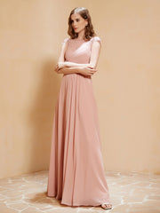 Maxi Robe de Demoiselle d'Honneur Appliquée avec Haut en Dentelle Rose Poudré