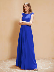 Maxi Robe de Demoiselle d'Honneur Appliquée avec Haut en Dentelle Bleu Royale