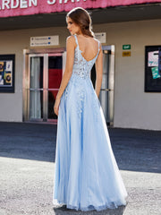 Robe de Soirée de A-ligne en Tulle à Col Carré Longueur au Sol Bleu Ciel