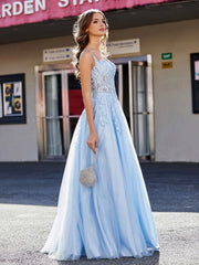 Robe de Soirée de A-ligne en Tulle à Col Carré Longueur au Sol Bleu Ciel Grande Taille