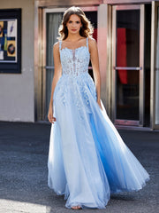 Robe de Soirée de A-ligne en Tulle à Col Carré Longueur au Sol Bleu Ciel