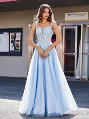 Robe de Soirée de A-ligne en Tulle à Col Carré Longueur au Sol Bleu Ciel Grande Taille