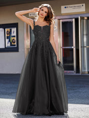 Robe de Soirée de A-ligne en Tulle à Col Carré Longueur au Sol Noir