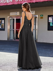 Robe de Soirée de A-ligne en Tulle à Col Carré Longueur au Sol Noir
