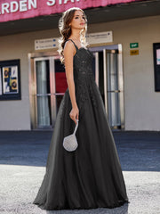 Robe de Soirée de A-ligne en Tulle à Col Carré Longueur au Sol Noir