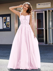 Robe de Soirée de A-ligne en Tulle à Col Carré Longueur au Sol Rose Pâle Grande Taille