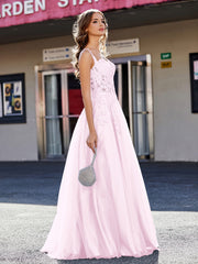 Robe de Soirée de A-ligne en Tulle à Col Carré Longueur au Sol Rose Pâle Grande Taille