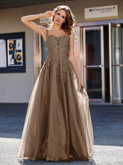 Robe de Soirée de A-ligne en Tulle à Col Carré Longueur au Sol Brun Grande Taille