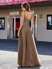Robe de Soirée de A-ligne en Tulle à Col Carré Longueur au Sol Brun Grande Taille