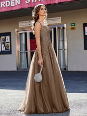 Robe de Soirée de A-ligne en Tulle à Col Carré Longueur au Sol Brun Grande Taille