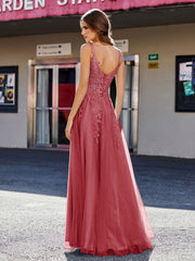 Robe de Soirée de A-ligne en Tulle à Col Carré Longueur au Sol Bordeaux Grande Taille